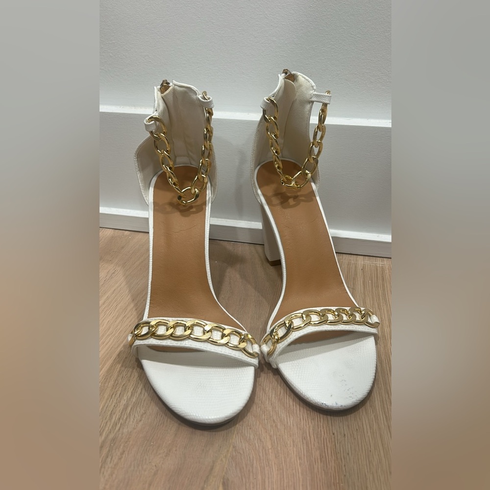 Elegant White and Gold Chain Women's Heels